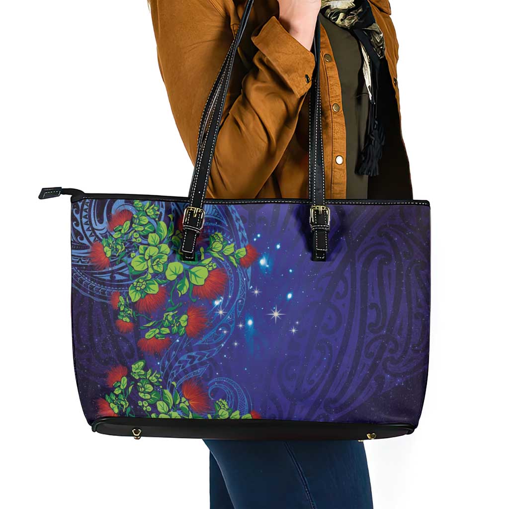Matariki New Zealand Maori and Pohutukawa Leather Tote Bag Galaxy Blue Sky Style
