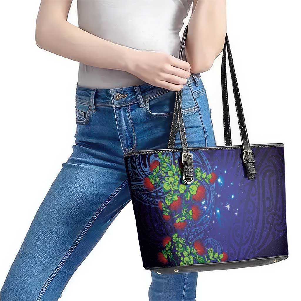 Matariki New Zealand Maori and Pohutukawa Leather Tote Bag Galaxy Blue Sky Style