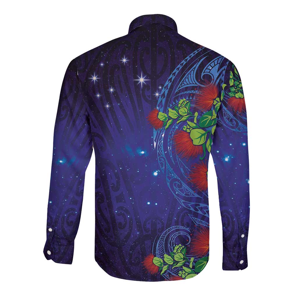 Matariki New Zealand Maori and Pohutukawa Long Sleeve Button Shirt Galaxy Blue Sky Style