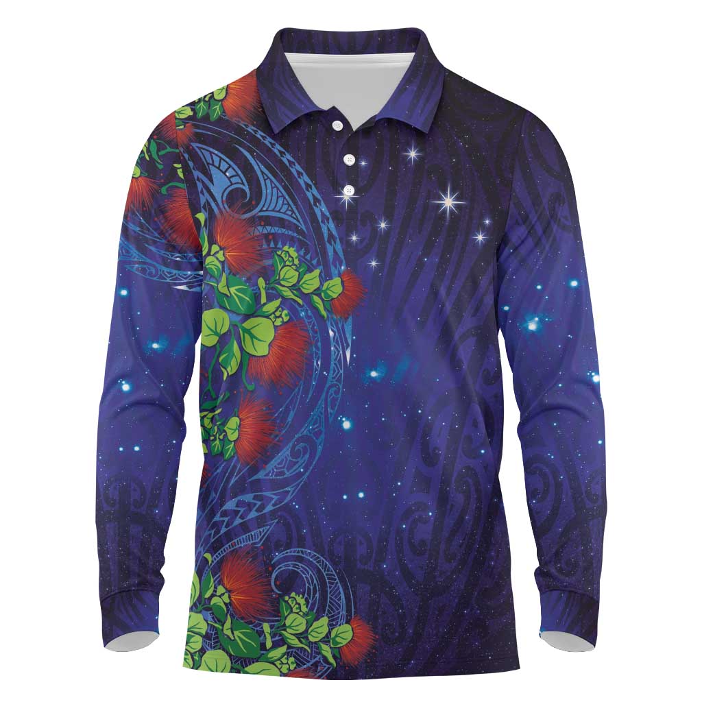 Matariki New Zealand Maori and Pohutukawa Long Sleeve Polo Shirt Galaxy Blue Sky Style