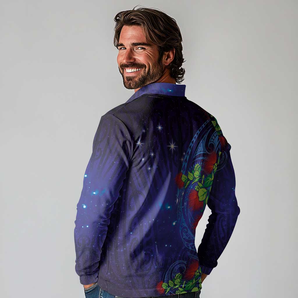 Matariki New Zealand Maori and Pohutukawa Long Sleeve Polo Shirt Galaxy Blue Sky Style