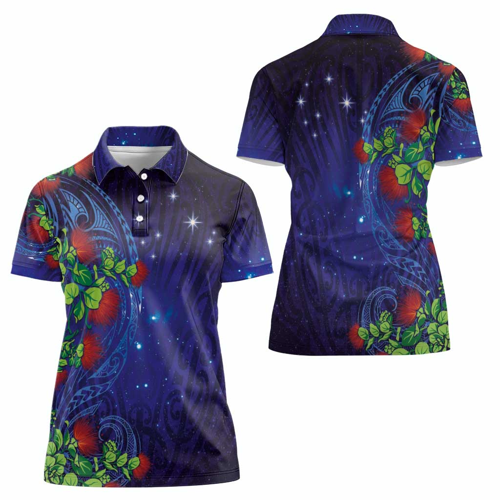 Matariki New Zealand Maori and Pohutukawa Women Polo Shirt Galaxy Blue Sky Style