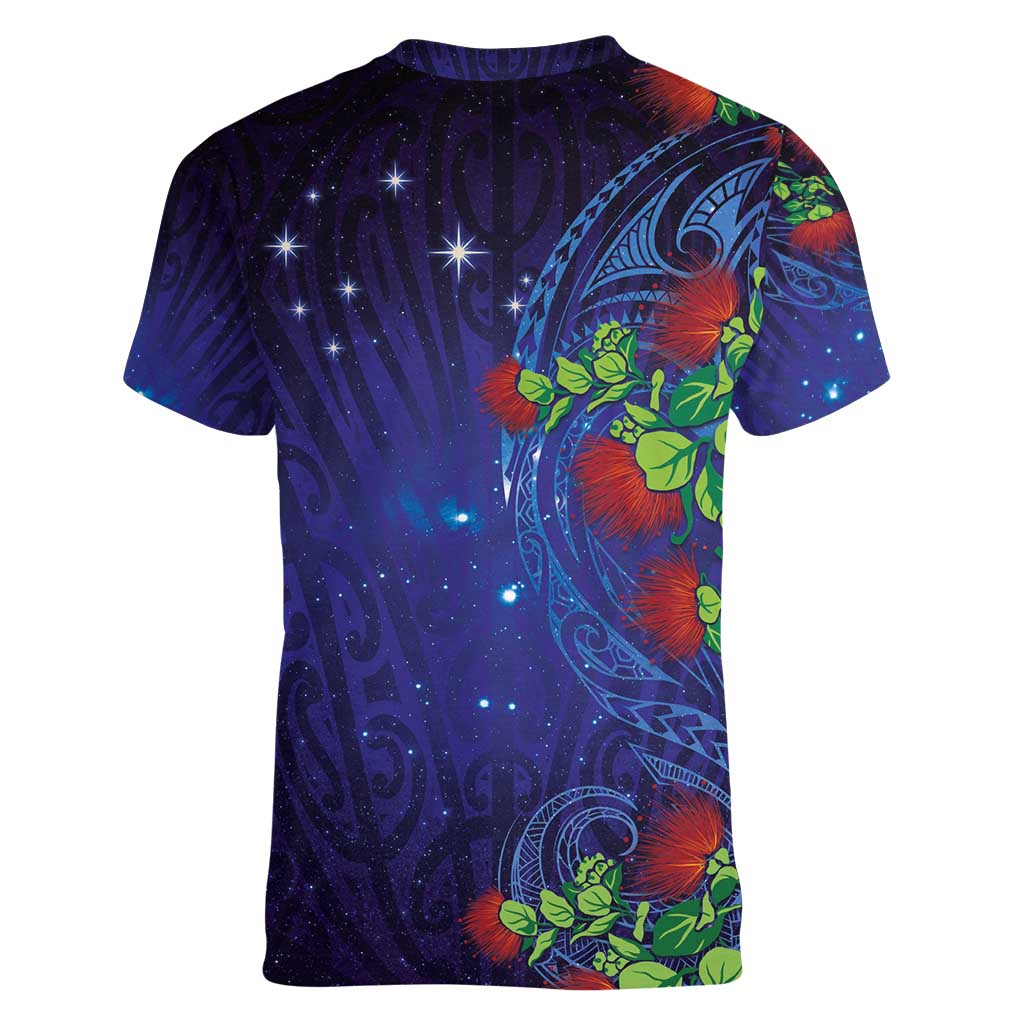 Matariki New Zealand Maori and Pohutukawa Women V-Neck T-Shirt Galaxy Blue Sky Style