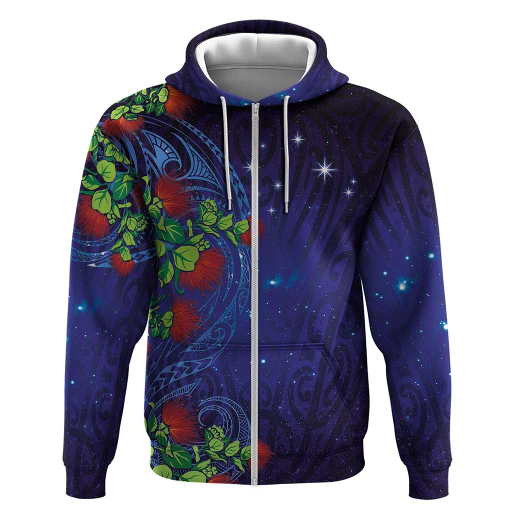 Matariki New Zealand Maori and Pohutukawa Zip Hoodie Galaxy Blue Sky Style