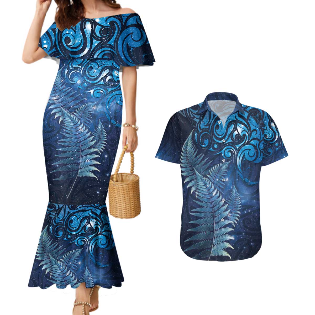 Matariki New Zealand Maori Silver Fern Couples Matching Mermaid Dress and Hawaiian Shirt Galaxy Blue Sky Style