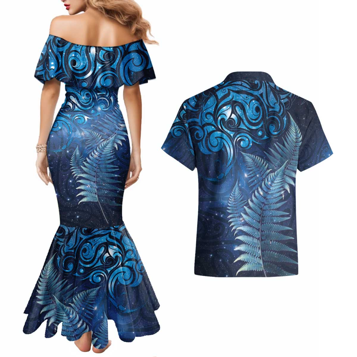 Matariki New Zealand Maori Silver Fern Couples Matching Mermaid Dress and Hawaiian Shirt Galaxy Blue Sky Style