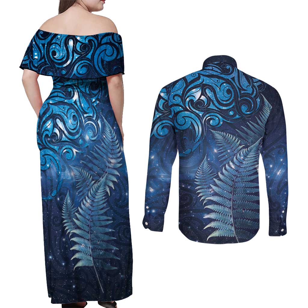 Matariki New Zealand Maori Silver Fern Couples Matching Off Shoulder Maxi Dress and Long Sleeve Button Shirt Galaxy Blue Sky Style