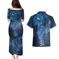 Matariki New Zealand Maori Silver Fern Couples Matching Puletasi and Hawaiian Shirt Galaxy Blue Sky Style