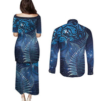 Matariki New Zealand Maori Silver Fern Couples Matching Puletasi and Long Sleeve Button Shirt Galaxy Blue Sky Style