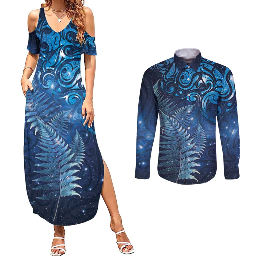 Matariki New Zealand Maori Silver Fern Couples Matching Summer Maxi Dress and Long Sleeve Button Shirt Galaxy Blue Sky Style