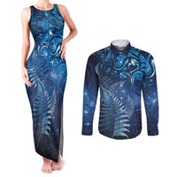 Matariki New Zealand Maori Silver Fern Couples Matching Tank Maxi Dress and Long Sleeve Button Shirt Galaxy Blue Sky Style
