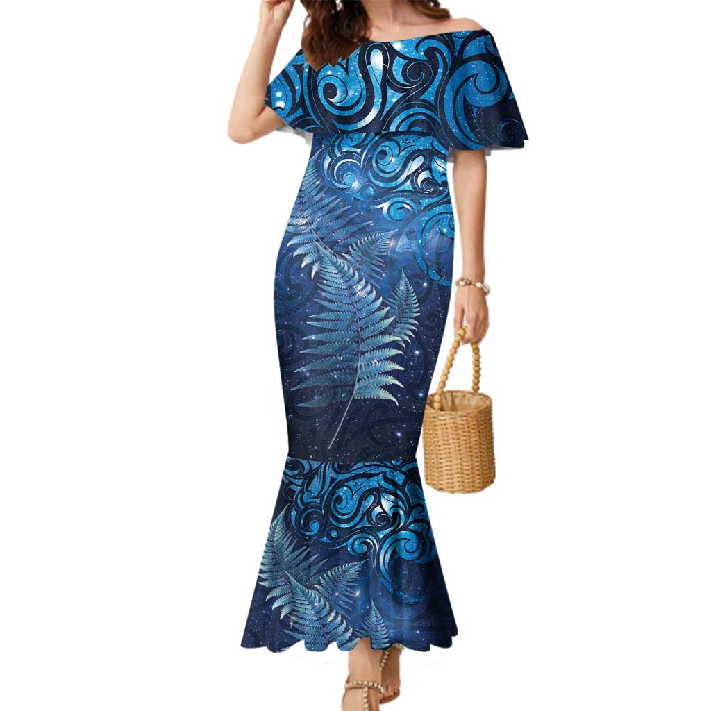 Matariki New Zealand Maori Silver Fern Family Matching Mermaid Dress and Hawaiian Shirt Galaxy Blue Sky Style