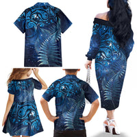 Matariki New Zealand Maori Silver Fern Family Matching Off The Shoulder Long Sleeve Dress and Hawaiian Shirt Galaxy Blue Sky Style