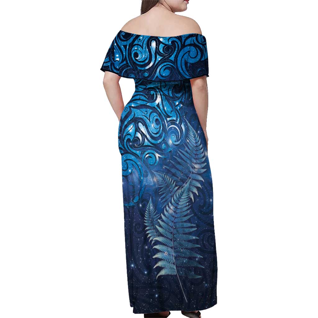 Matariki New Zealand Maori Silver Fern Family Matching Off Shoulder Maxi Dress and Hawaiian Shirt Galaxy Blue Sky Style