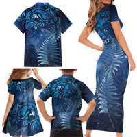 Matariki New Zealand Maori Silver Fern Family Matching Short Sleeve Bodycon Dress and Hawaiian Shirt Galaxy Blue Sky Style