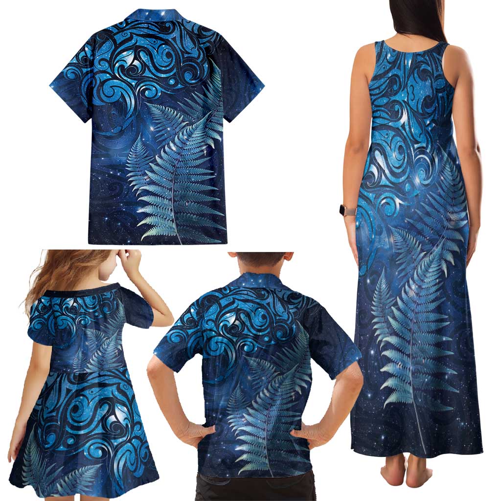 Matariki New Zealand Maori Silver Fern Family Matching Tank Maxi Dress and Hawaiian Shirt Galaxy Blue Sky Style