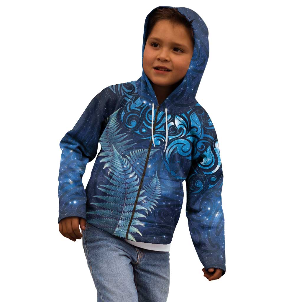 Matariki New Zealand Maori Silver Fern Kid Hoodie Galaxy Blue Sky Style