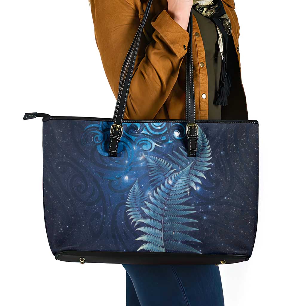 Matariki New Zealand Maori Silver Fern Leather Tote Bag Galaxy Blue Sky Style