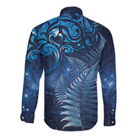 Matariki New Zealand Maori Silver Fern Long Sleeve Button Shirt Galaxy Blue Sky Style