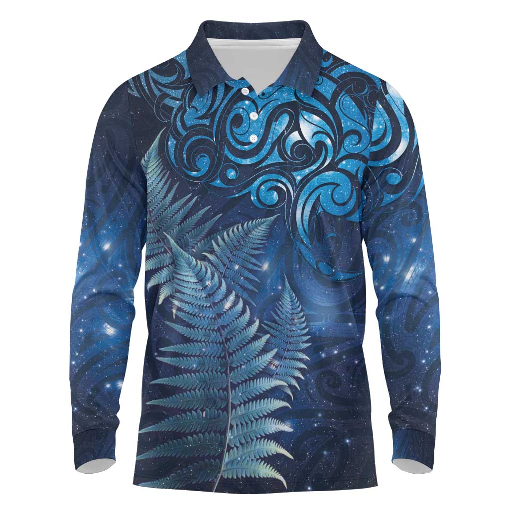 Matariki New Zealand Maori Silver Fern Long Sleeve Polo Shirt Galaxy Blue Sky Style