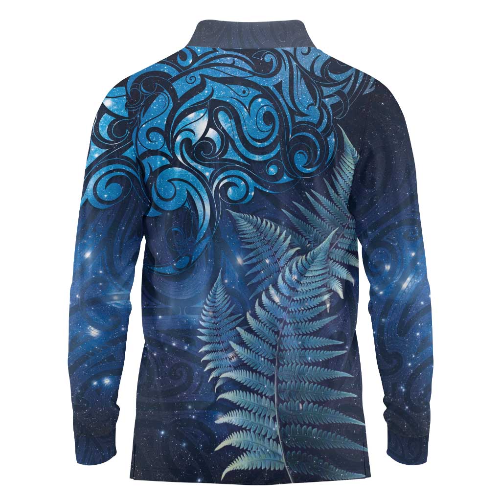 Matariki New Zealand Maori Silver Fern Long Sleeve Polo Shirt Galaxy Blue Sky Style