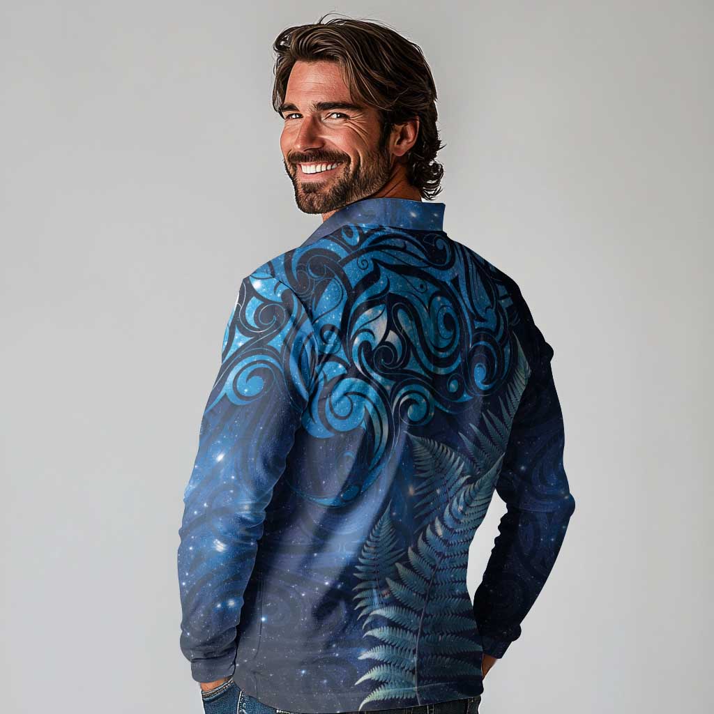 Matariki New Zealand Maori Silver Fern Long Sleeve Polo Shirt Galaxy Blue Sky Style