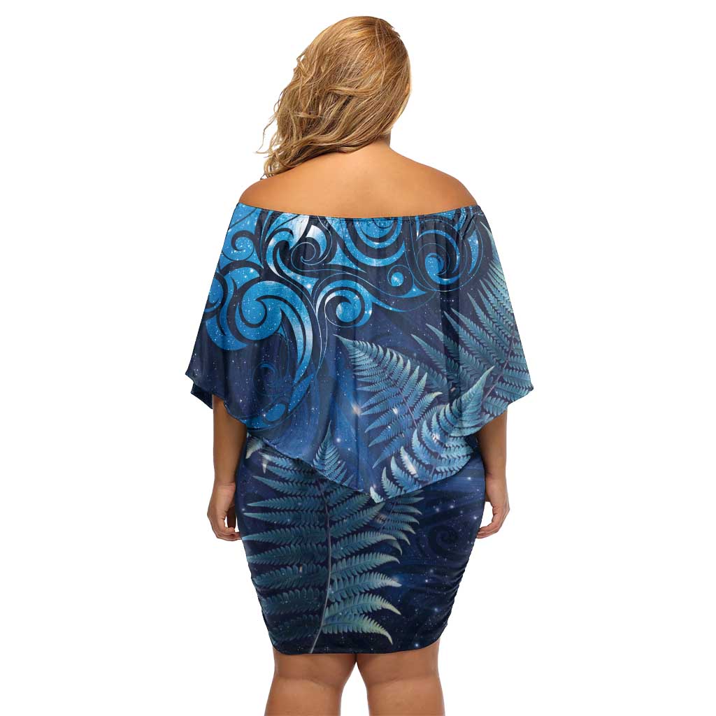 Matariki New Zealand Maori Silver Fern Off Shoulder Short Dress Galaxy Blue Sky Style