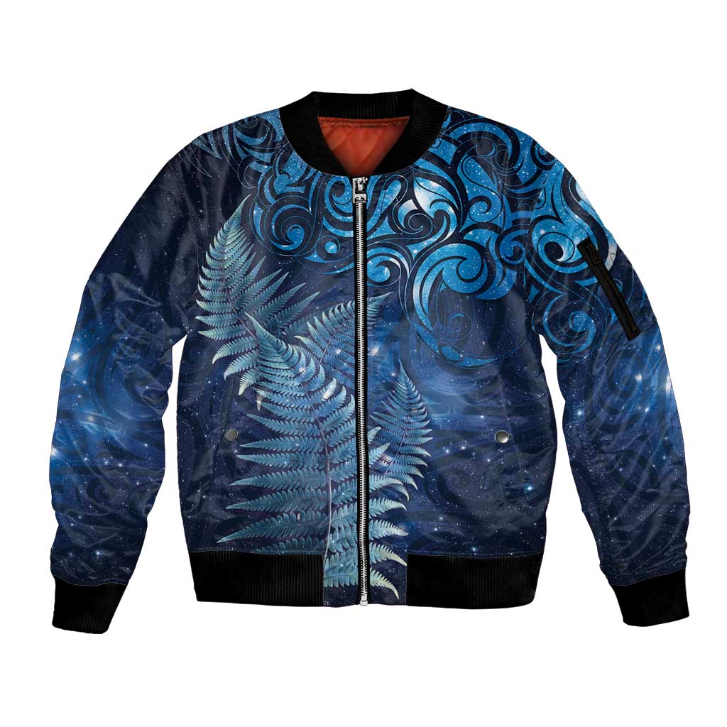 Matariki New Zealand Maori Silver Fern Sleeve Zip Bomber Jacket Galaxy Blue Sky Style