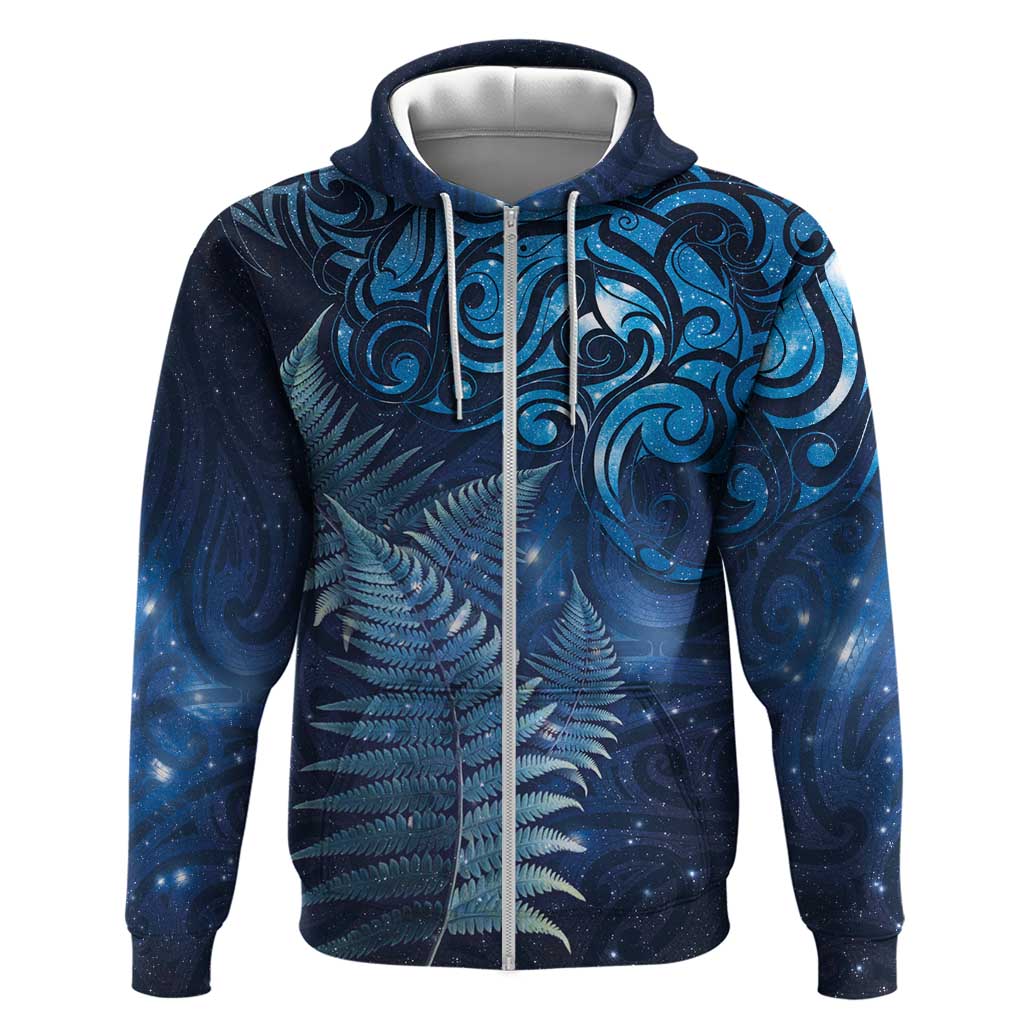 Matariki New Zealand Maori Silver Fern Zip Hoodie Galaxy Blue Sky Style