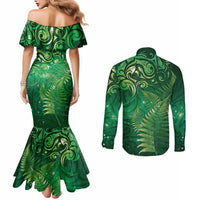Matariki New Zealand Maori Silver Fern Couples Matching Mermaid Dress and Long Sleeve Button Shirt Galaxy Green Sky Style