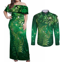 Matariki New Zealand Maori Silver Fern Couples Matching Off Shoulder Maxi Dress and Long Sleeve Button Shirt Galaxy Green Sky Style