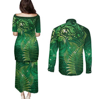 Matariki New Zealand Maori Silver Fern Couples Matching Puletasi and Long Sleeve Button Shirt Galaxy Green Sky Style