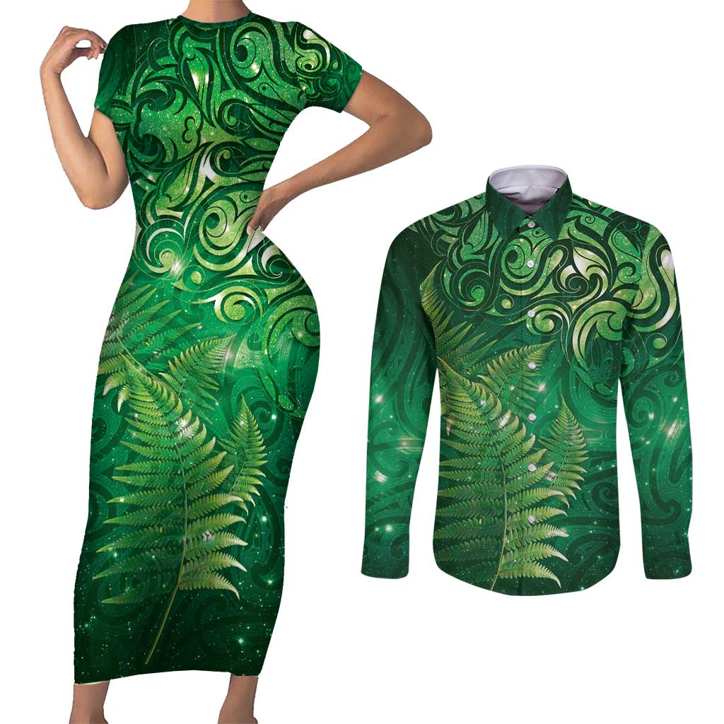 Matariki New Zealand Maori Silver Fern Couples Matching Short Sleeve Bodycon Dress and Long Sleeve Button Shirt Galaxy Green Sky Style