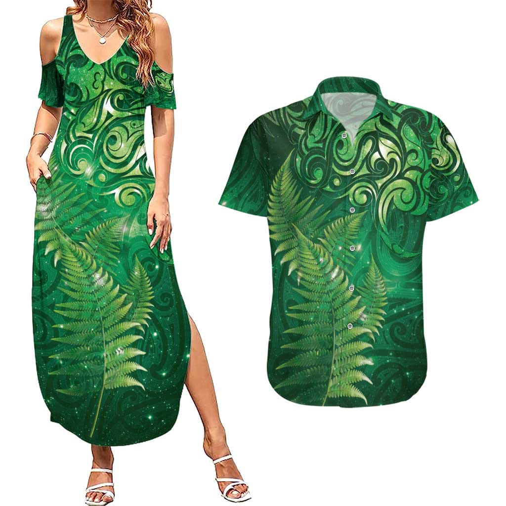 Matariki New Zealand Maori Silver Fern Couples Matching Summer Maxi Dress and Hawaiian Shirt Galaxy Green Sky Style