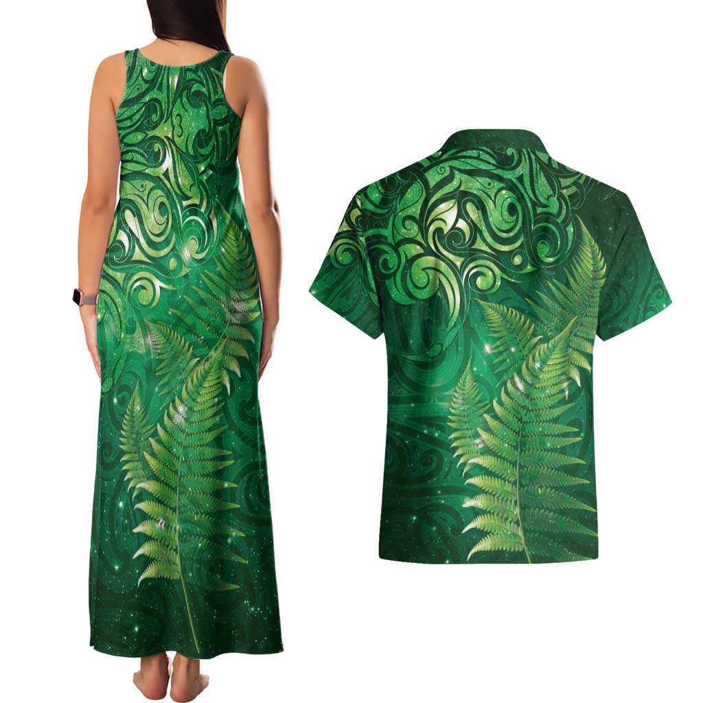 Matariki New Zealand Maori Silver Fern Couples Matching Tank Maxi Dress and Hawaiian Shirt Galaxy Green Sky Style