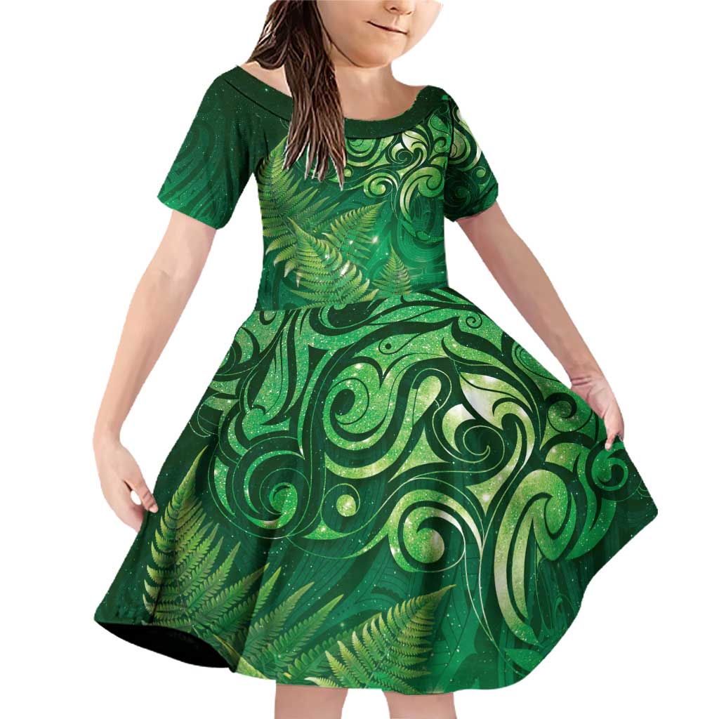 Matariki New Zealand Maori Silver Fern Family Matching Off Shoulder Short Dress and Hawaiian Shirt Galaxy Green Sky Style