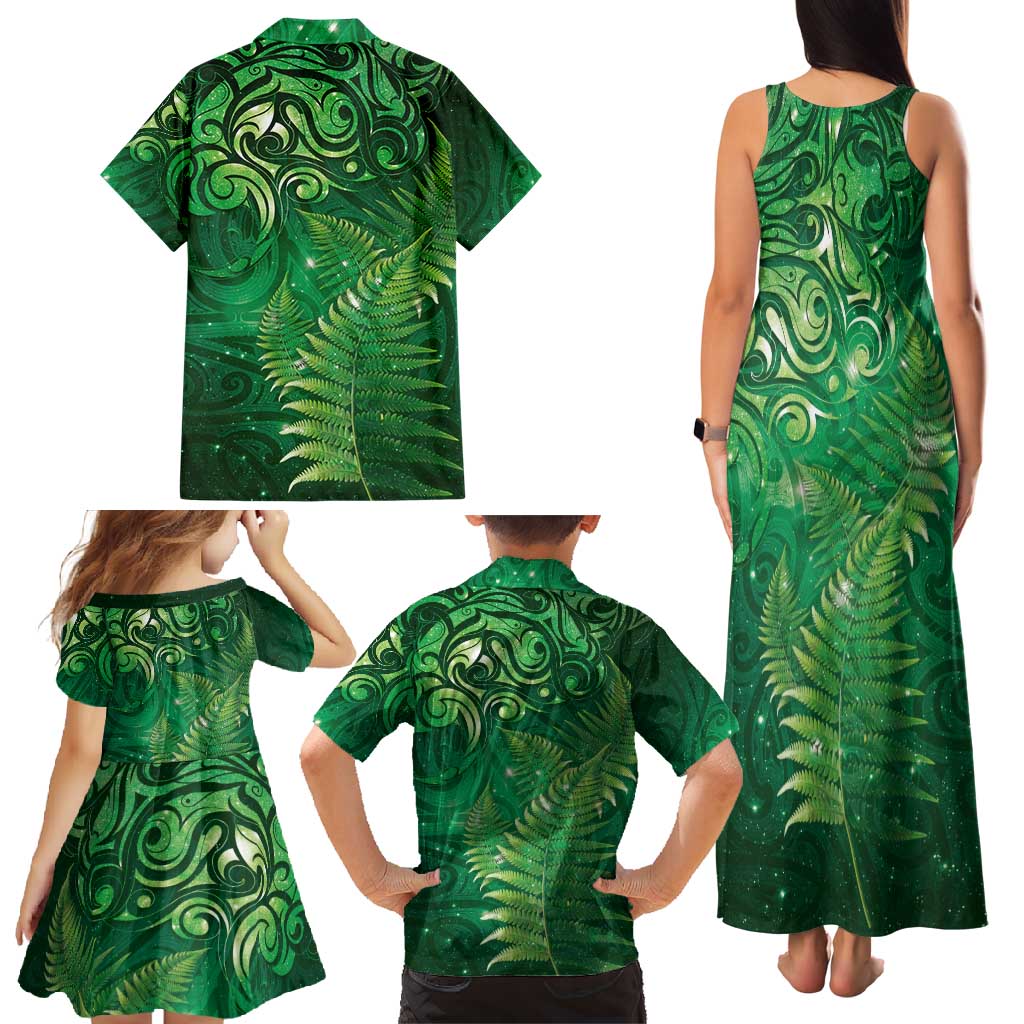 Matariki New Zealand Maori Silver Fern Family Matching Tank Maxi Dress and Hawaiian Shirt Galaxy Green Sky Style