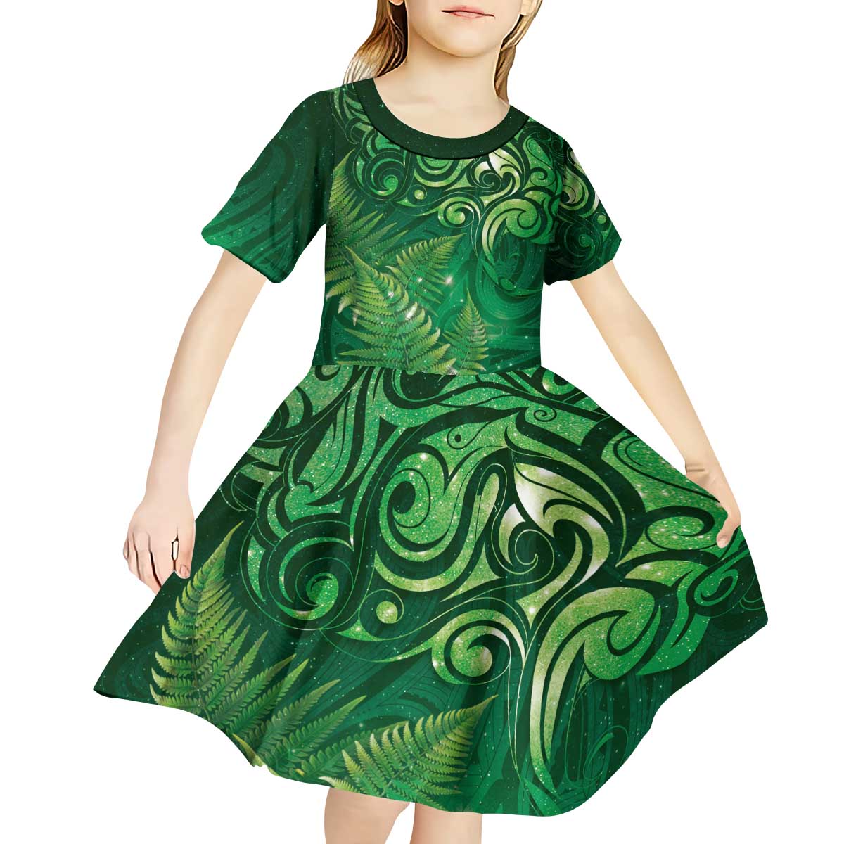 Matariki New Zealand Maori Silver Fern Kid Short Sleeve Dress Galaxy Green Sky Style