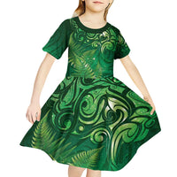 Matariki New Zealand Maori Silver Fern Kid Short Sleeve Dress Galaxy Green Sky Style