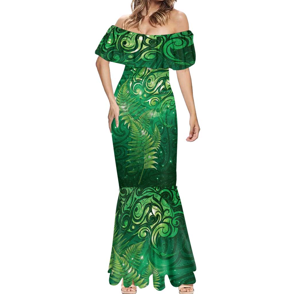 Matariki New Zealand Maori Silver Fern Mermaid Dress Galaxy Green Sky Style