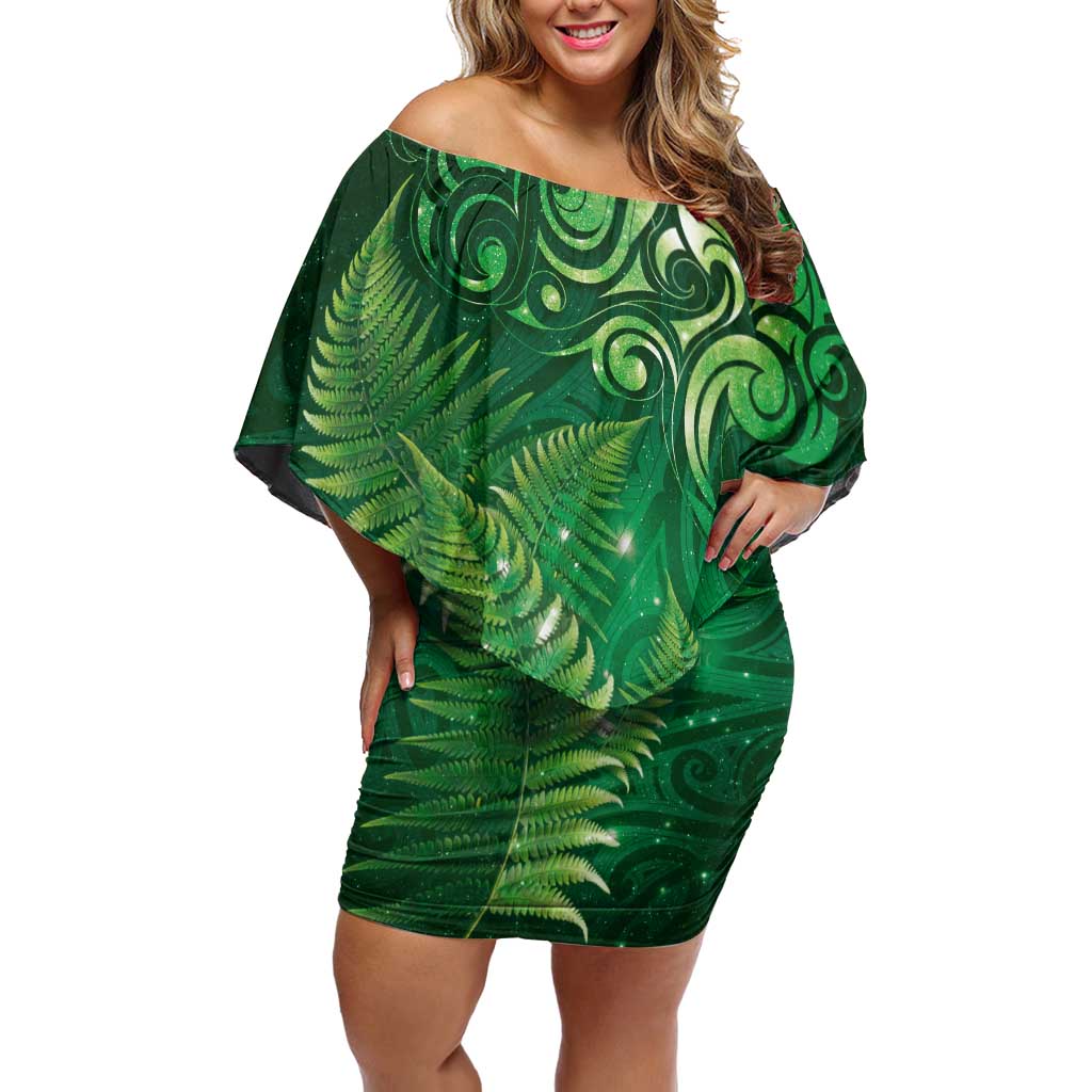 Matariki New Zealand Maori Silver Fern Off Shoulder Short Dress Galaxy Green Sky Style