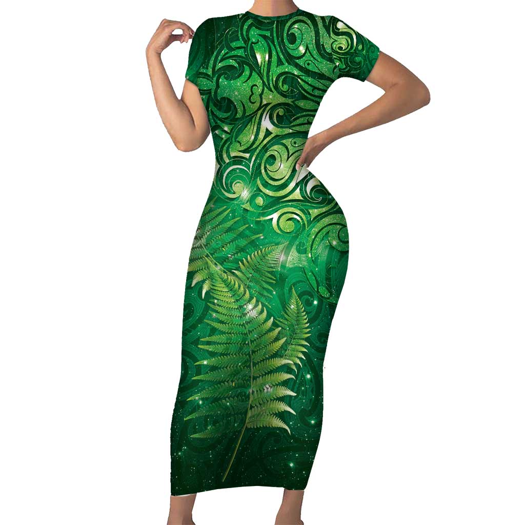 Matariki New Zealand Maori Silver Fern Short Sleeve Bodycon Dress Galaxy Green Sky Style