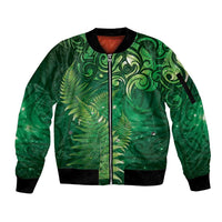 Matariki New Zealand Maori Silver Fern Sleeve Zip Bomber Jacket Galaxy Green Sky Style