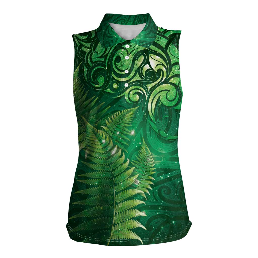 Matariki New Zealand Maori Silver Fern Women Sleeveless Polo Shirt Galaxy Green Sky Style