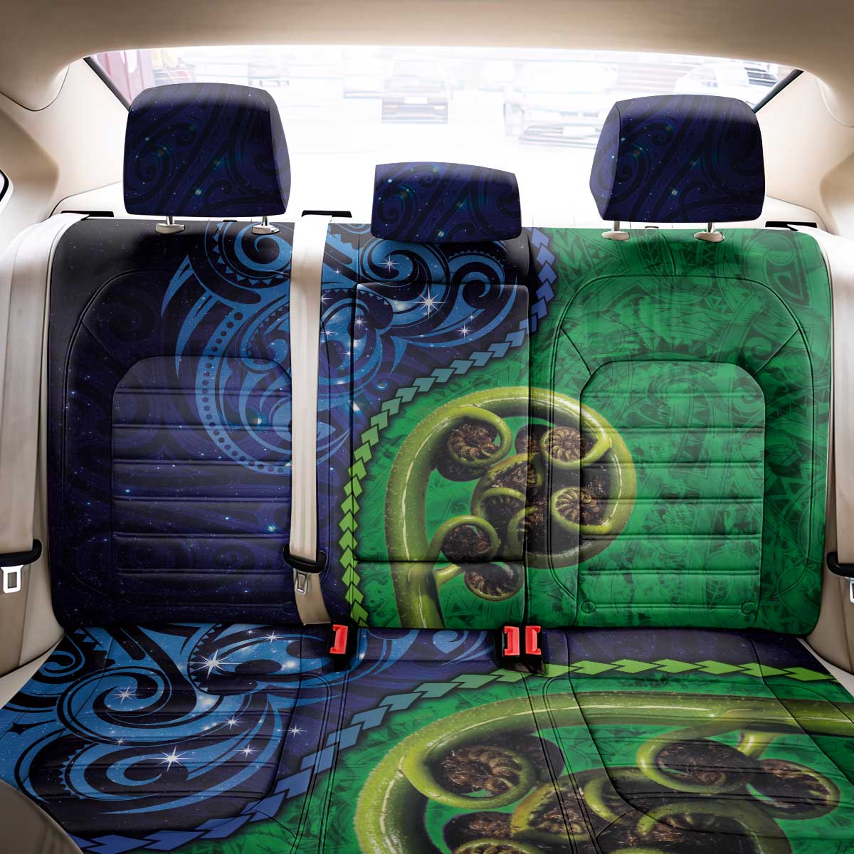 New Zealand Matariki Fern Frond Koru Back Car Seat Cover with Galaxy Blue Sky and Green Paua Shell Art