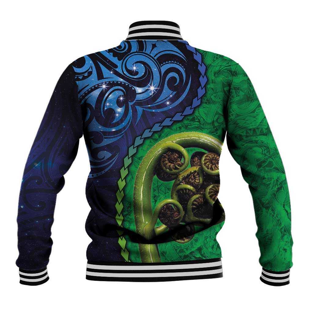 New Zealand Matariki Fern Frond Koru Baseball Jacket with Galaxy Blue Sky and Green Paua Shell Art