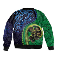 New Zealand Matariki Fern Frond Koru Bomber Jacket with Galaxy Blue Sky and Green Paua Shell Art
