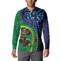 New Zealand Matariki Fern Frond Koru Button Sweatshirt with Galaxy Blue Sky and Green Paua Shell Art
