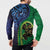 New Zealand Matariki Fern Frond Koru Button Sweatshirt with Galaxy Blue Sky and Green Paua Shell Art