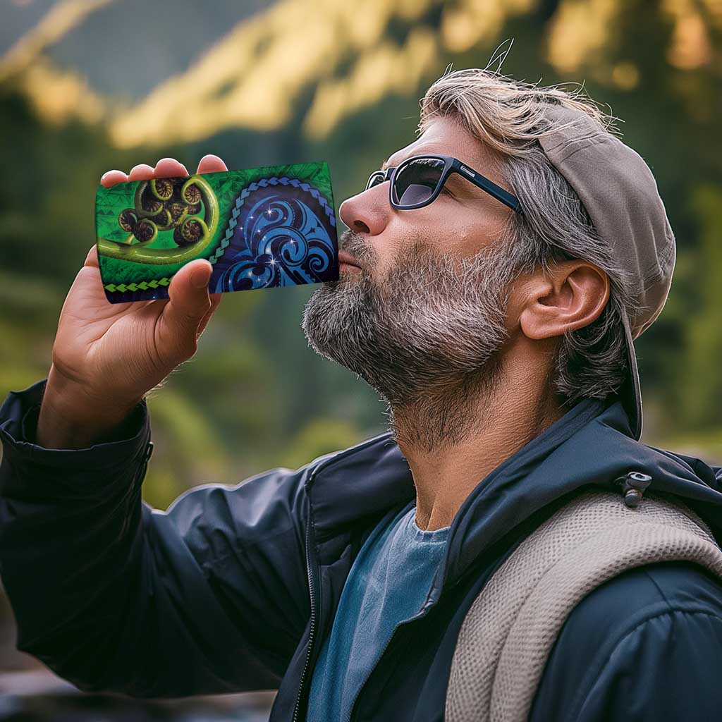 New Zealand Matariki Fern Frond Koru 4 in 1 Can Cooler Tumbler with Galaxy Blue Sky and Green Paua Shell Art